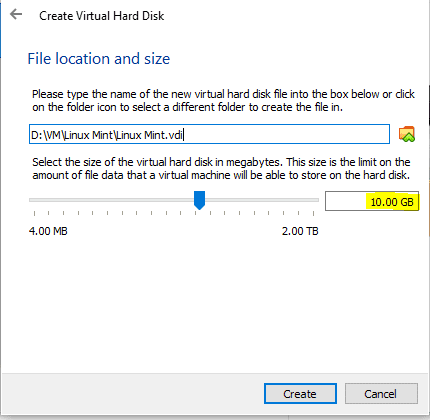 Setting Virtual Machine hard disk size and location