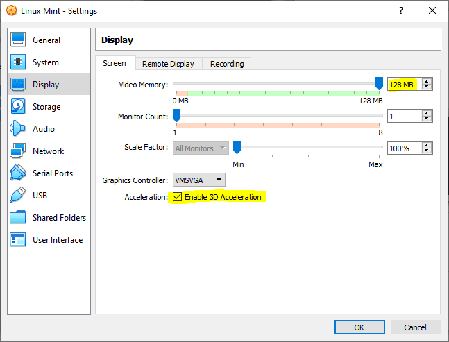 Virtual Machine Display Settings