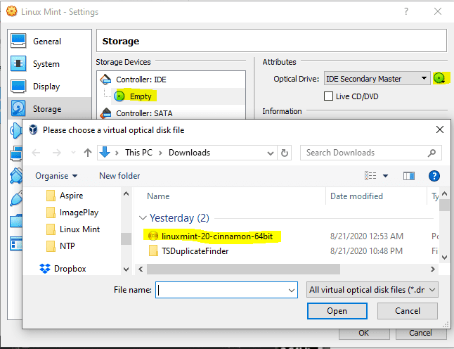 Virtual Machine load Linux Mint ISO file