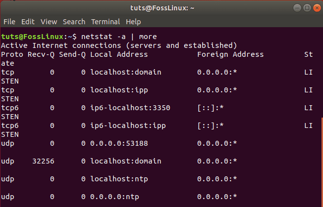 Display all tcp udp listening ports