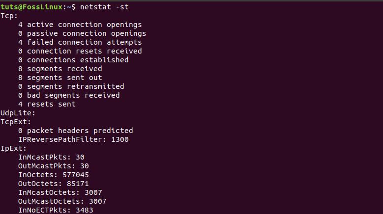 Display statistics for TCP protocol