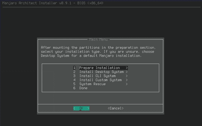 Manjaro Architect Main Installation Menu