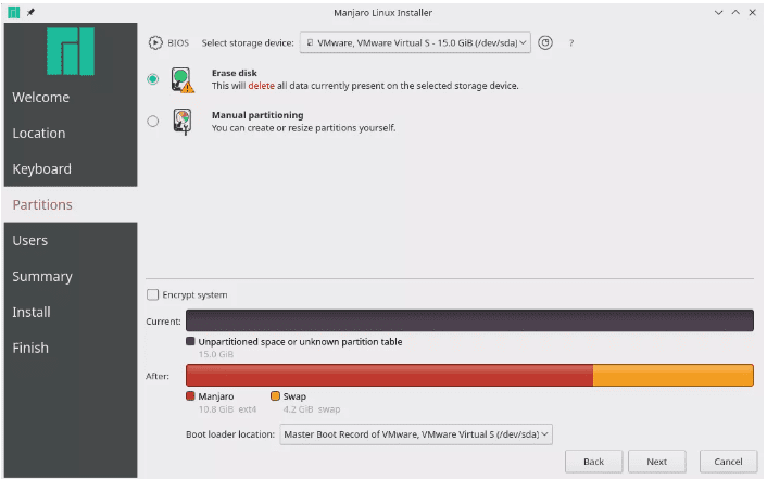 Manjaro Architect Partition Menu