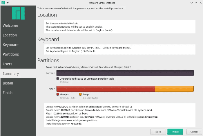 Manjaro Installation Summary Menu