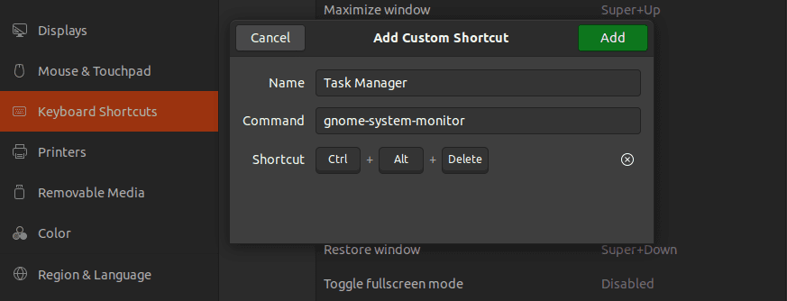 Set task manager shortcut