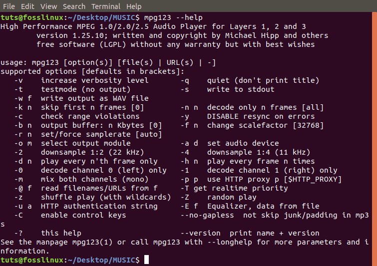 mpg123 help command