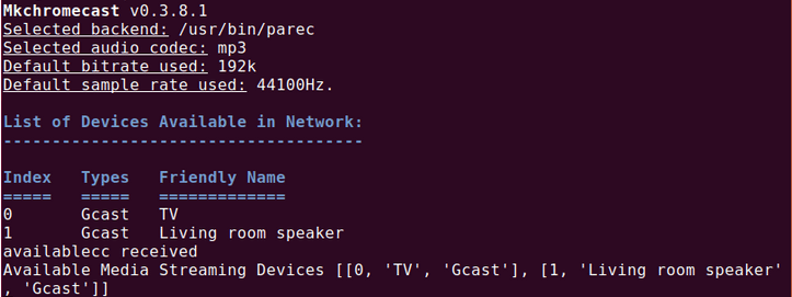 Using mkchromecast to list active Chromecast devices