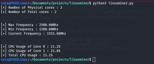 cpu information using psutil