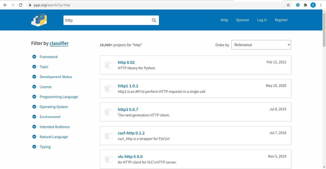 searching a package at pypi website