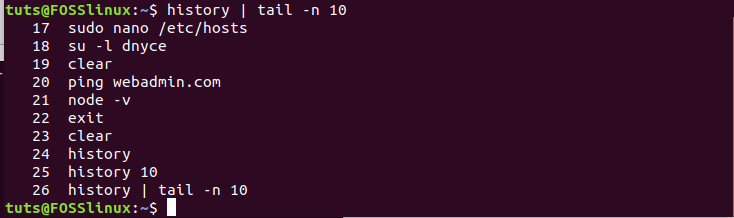 using tail command to display the last ten commands on history file
