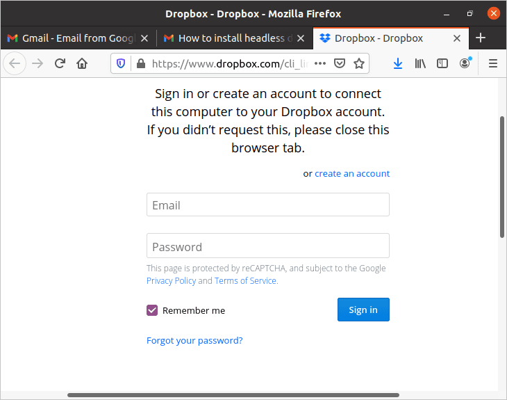 sign in to connect host computer to Dropbox account