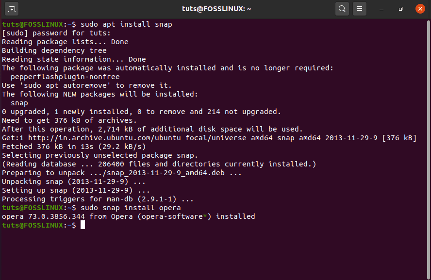 Install Opera as Snap package through Terminal