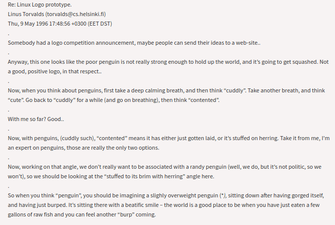 Linus Torvalds Email Response to the Tux Penguin Idea