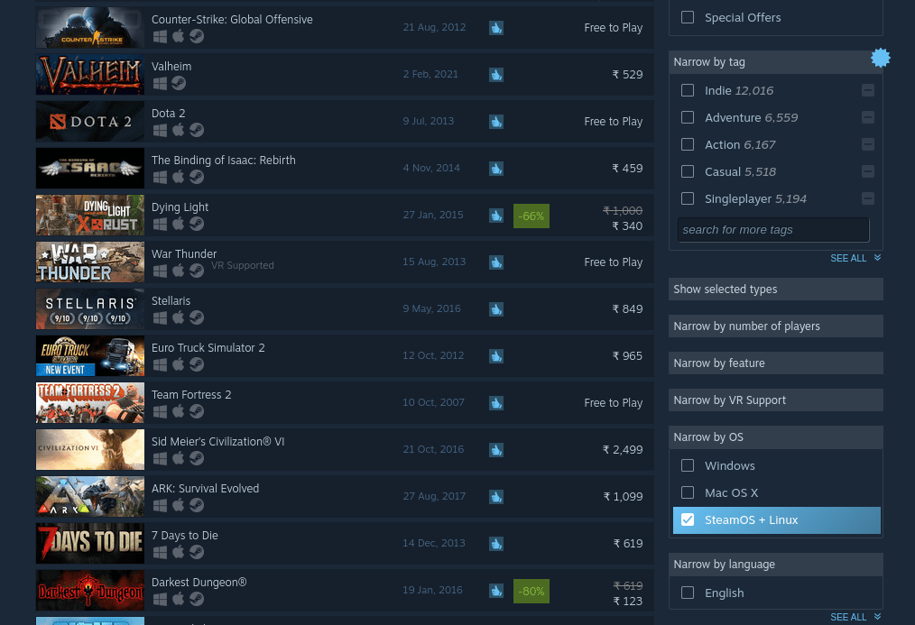 Linux Compatible Games on Steam