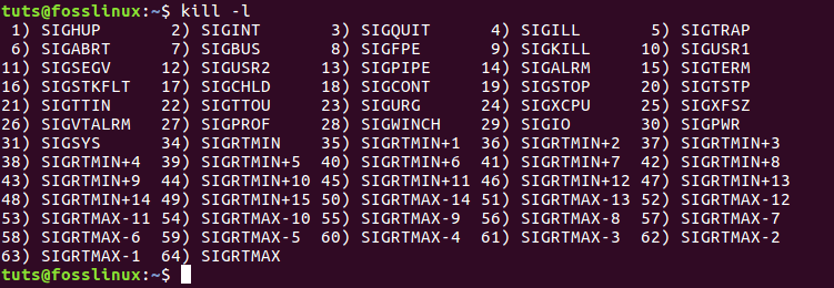 Complete list of all the signals available using the kill -l command