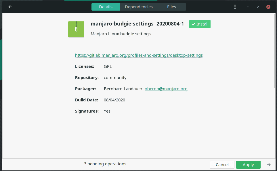 manjaro-budgie-settings selected for installation