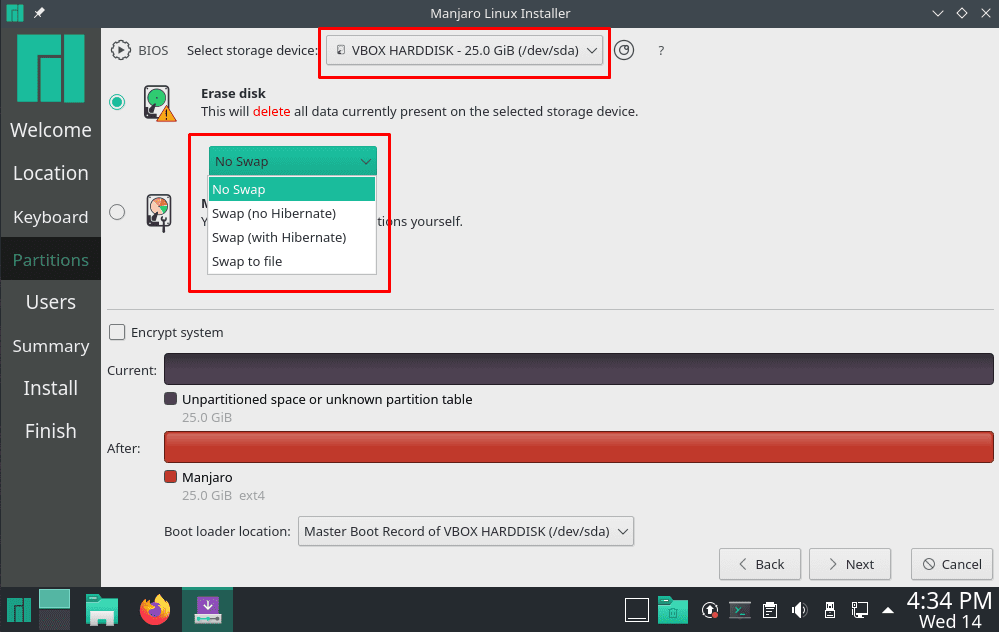 Manjaro Linux Installer - Selecting Install Partition