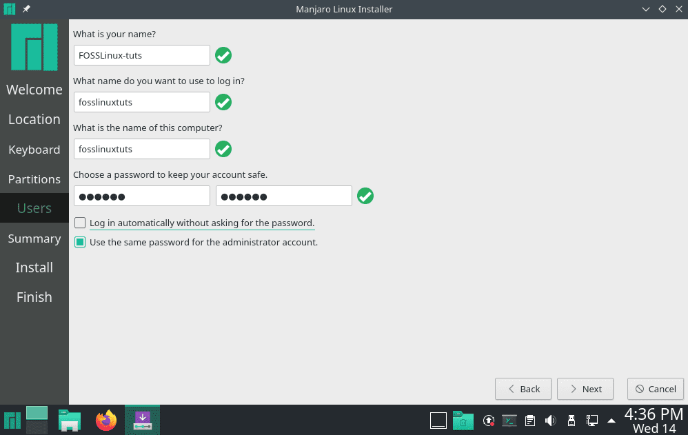 Manjaro Linux Installer - User Creation