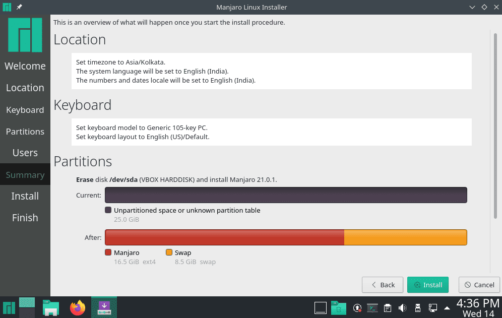 Manjaro Linux Installer - Installation Summary