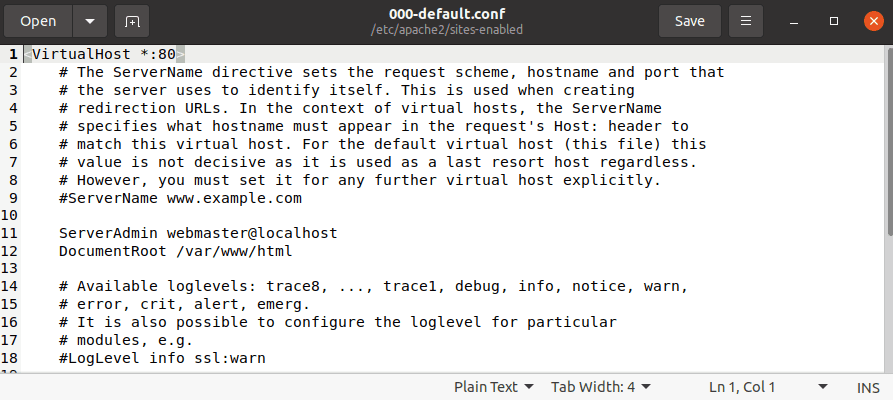 edit 000-default.conf using Gedit editor
