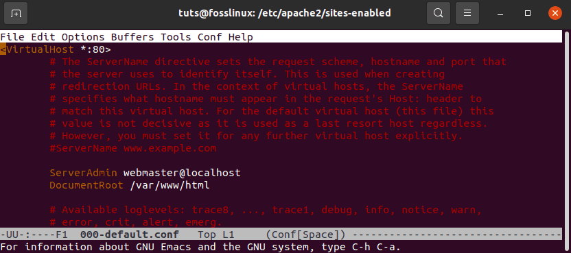 edit 000-default.conf with emacs