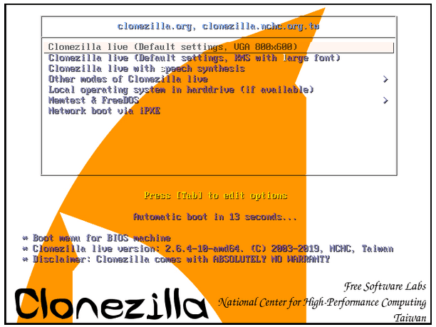Clonezilla welcome screen