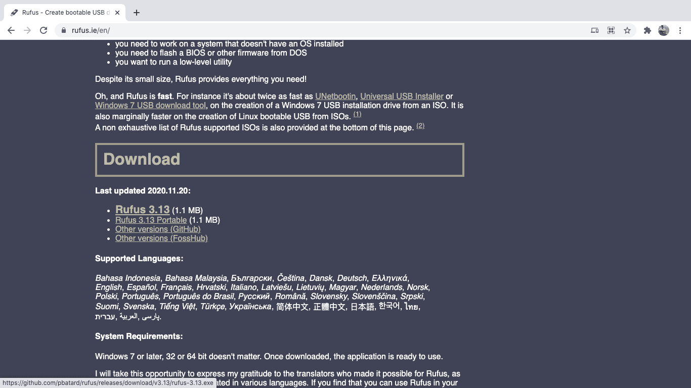 Rufus Download page