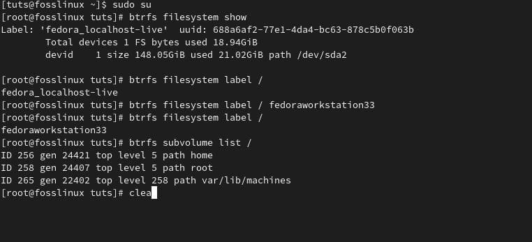 Btrfs Fedora filesystem label