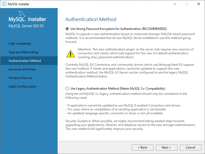 MySQL Authentication Method