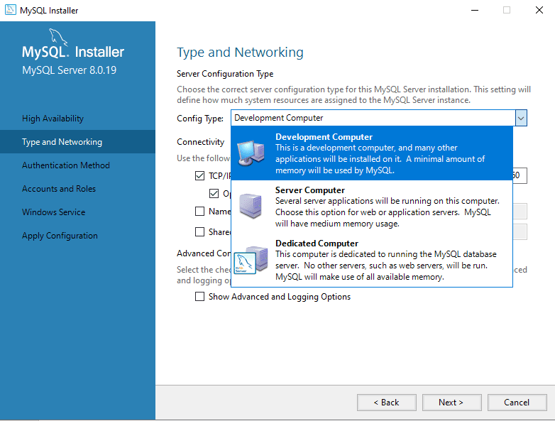 MySQL Config Type: Develoment Computer