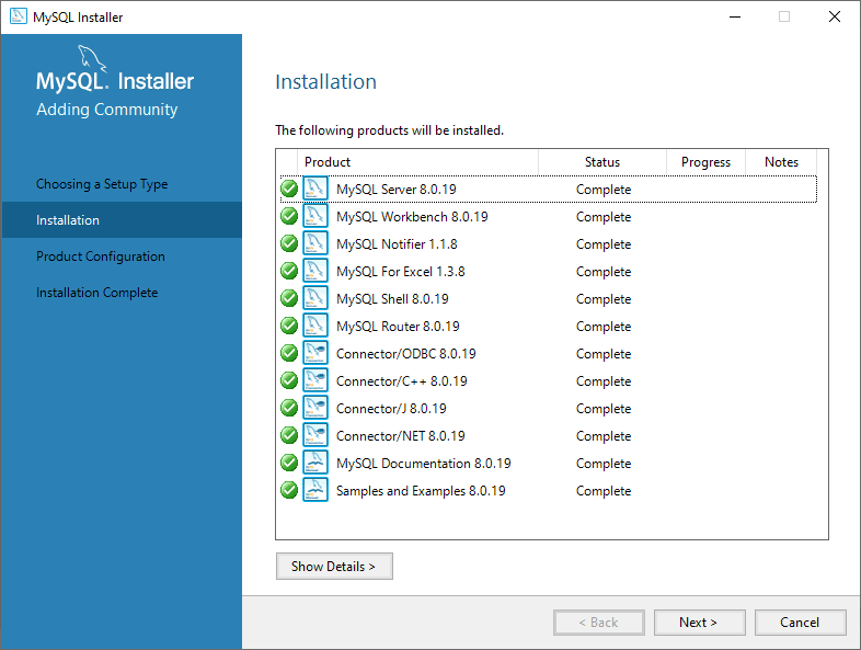 MySQL Installation of all products complete