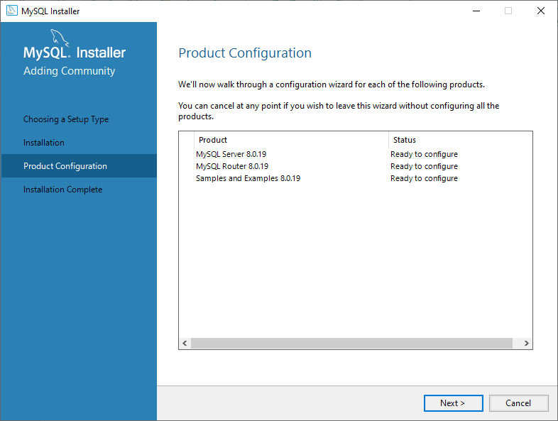 MySQL Product Configuration Screen