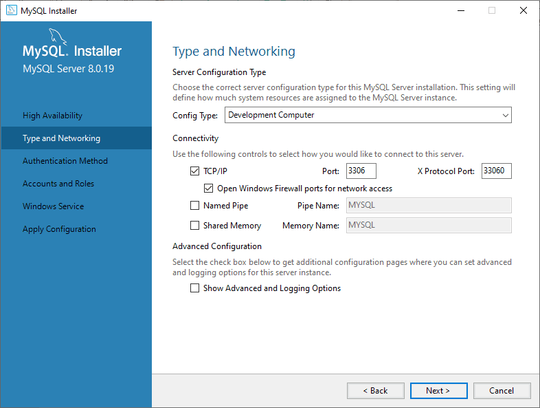 MySQL Type and Networking Screen