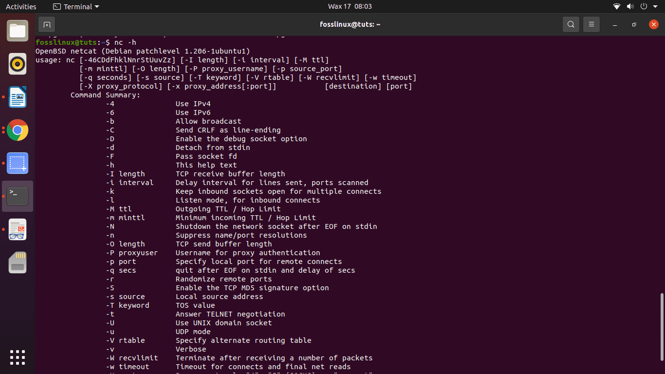 nc -h help command