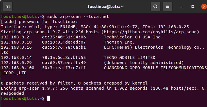 scanning the local area network using arp scanning tool