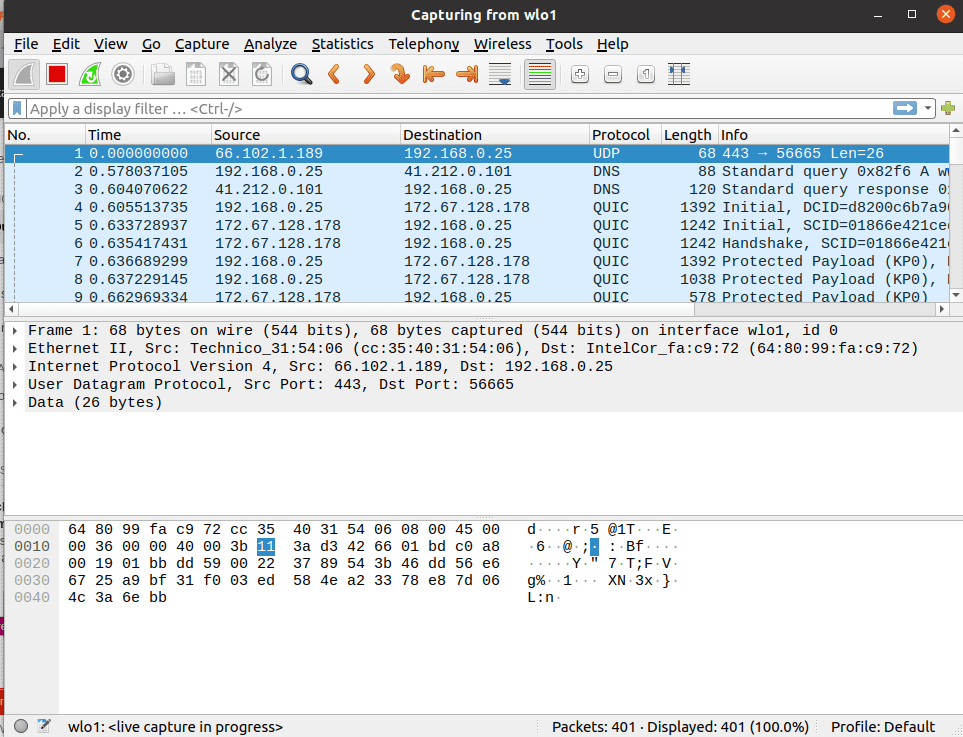 window displaying wireshark at work after clicking the start button