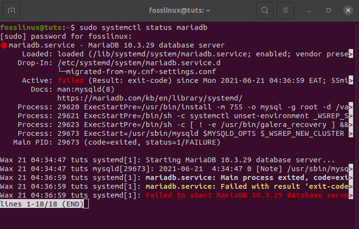 MariaDB failing to run