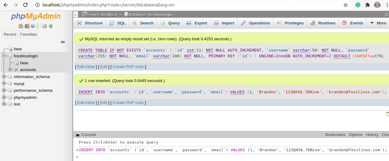 Successfully executed SQL statement from phpMyAdmin