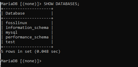 The screenshort shows fosslinux as part of the databases