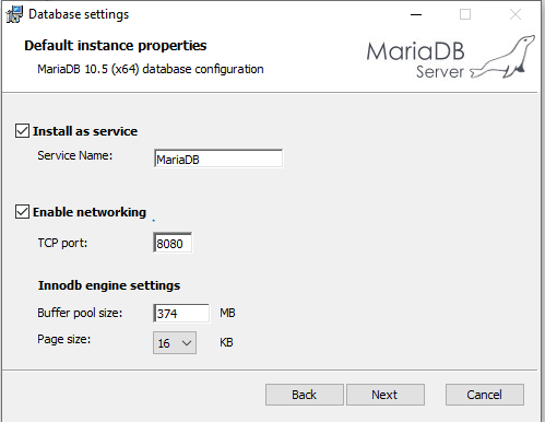 Type your service name, port and engine settings