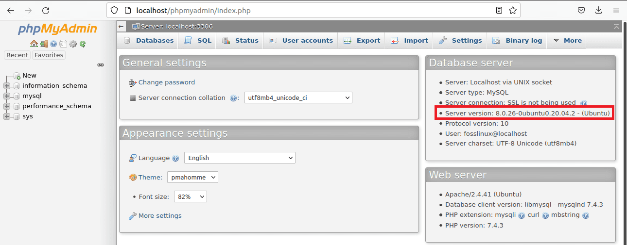 using phpmyadmin interface to check mysql version