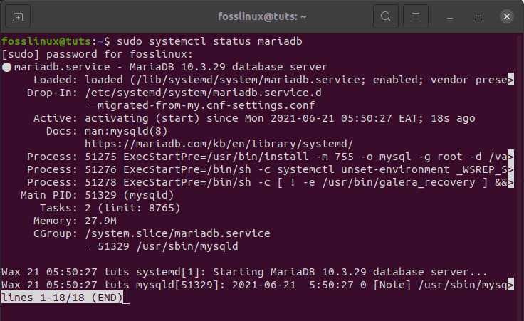 an active window status of MariaDB