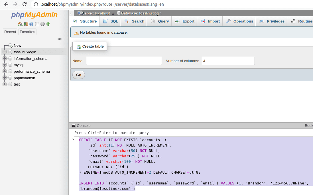 creating and executing an SQL statement from phpMyAdmin console