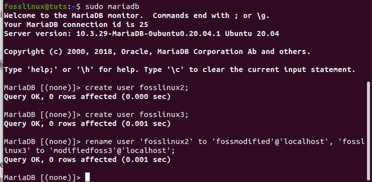 creating new users(fosslinux2, fosslinux3) and renaming the users