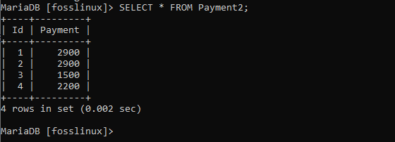 newly created payment2 table