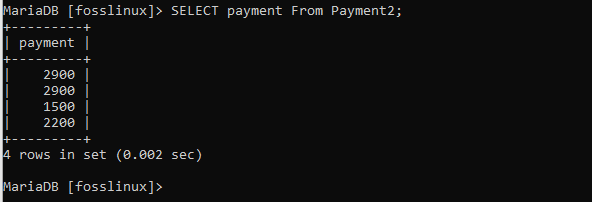 payment column display using the FROM clause