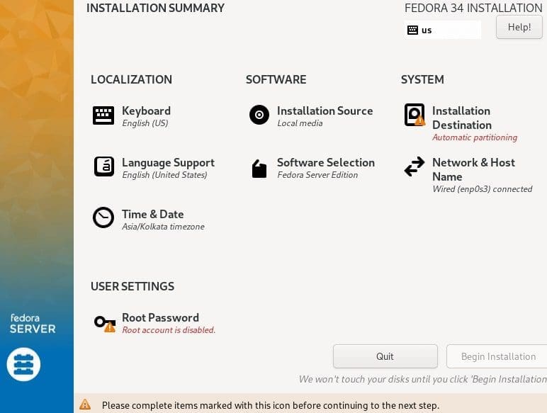 Fedora 34 server installation