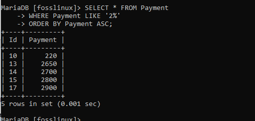 sorting payment table in ascending order using the ASC statement