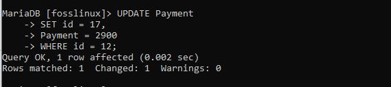 updating user 12 to 17 and payment amount in the Payment table