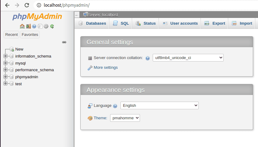 xampp server phpMyAdmin landing page